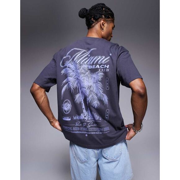 ASOS DESIGN Miami Beach Club Oversized Palm Tree Graphic Tee Streetwear Vibe~NEW - Picture 1 of 8